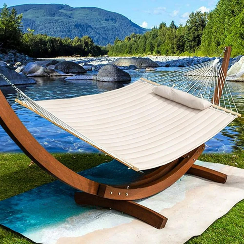 

Double Quilted Fabric Hammock with Spreader Bars and Detachable Pillow, 2 Person Hammock for Outdoor Patio Backyard Poolside