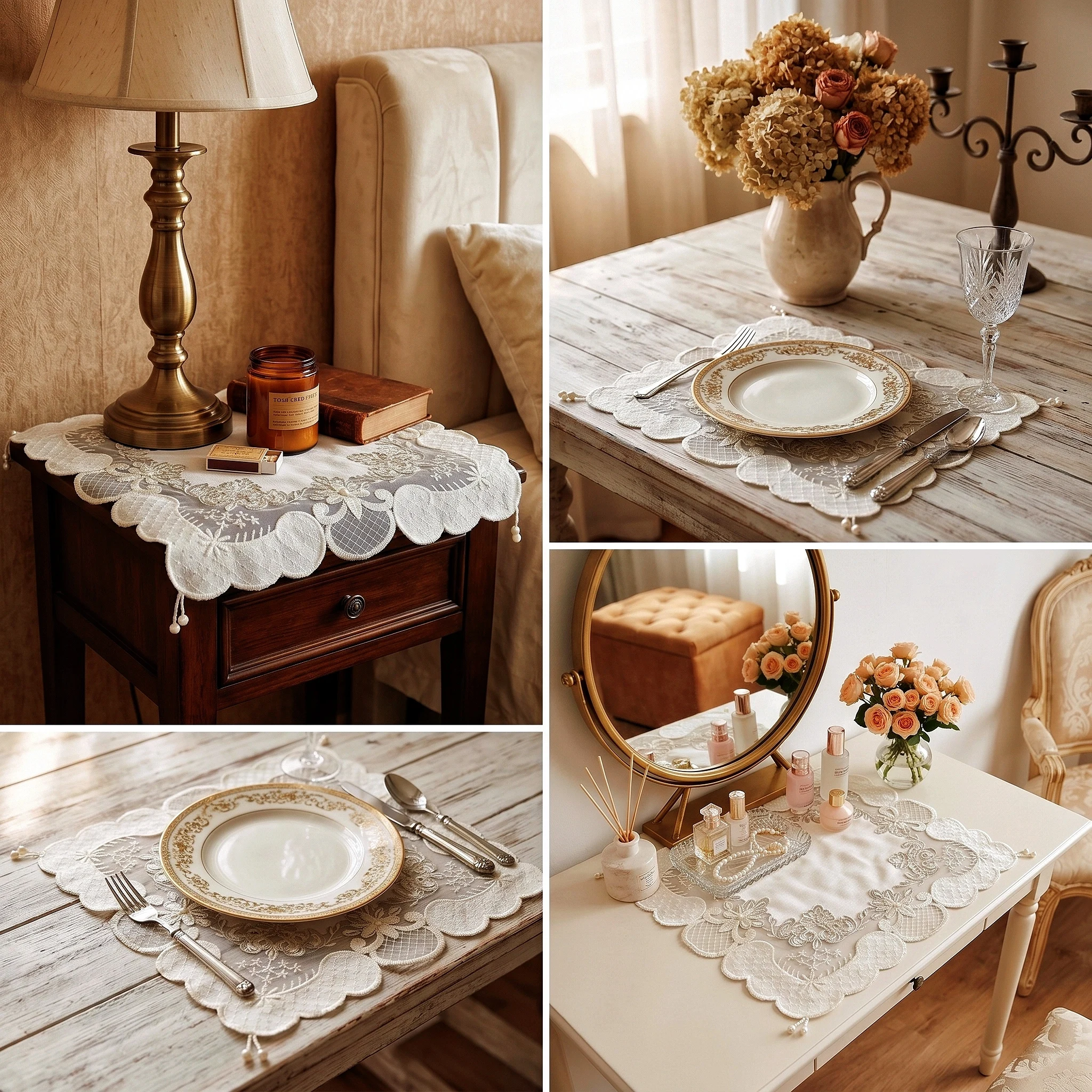 4pcs Square White Placemats Luxury Velvet Plate Mat Handmade Beaded Coaster Nightstand Cover Small Beige Bride Room Decor view 5