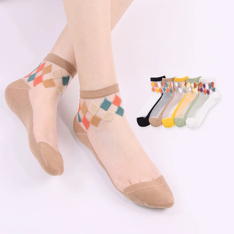 

DONG AI Summer Ultra-thin Transparent Crystal Silk Socks Diamond Pattern Retro Women Socks Fashion Harajuku Kawaii Elastic Socks