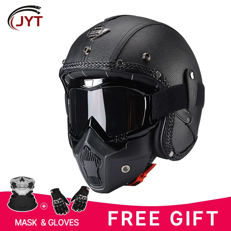 Open Face Helmet with Protective Mask Retro 3/4 Motorcycle Helmets Men Leather Jet Helmet All Seasons DOT Approved