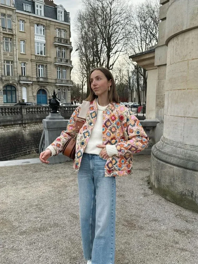 Chaquetas de algodón acolchadas con estampado para mujer, abrigo elegante de manga larga con cuello levantado y botonadura única, ropa de calle