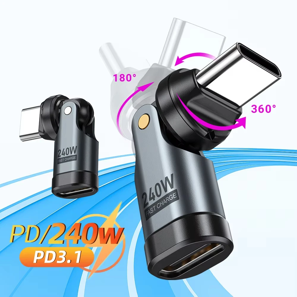 Adaptador USB C de 240W OTG 5A de carga rápida, convertidor de USB-C macho a tipo C hembra para iPhone, laptop, Macbook, adaptador OTG con rotación de 540°.