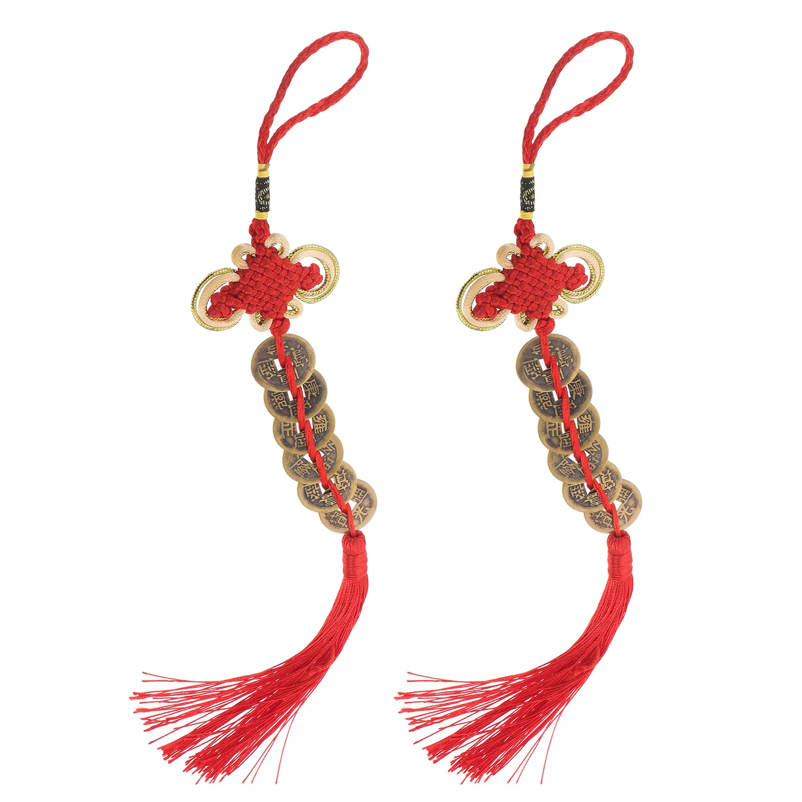 2 pçs ano novo chinês pendurado ornamentos moeda de cobre feng shui nó pingentes borla vermelha sorte encantos prosperidade casa decoração do carro