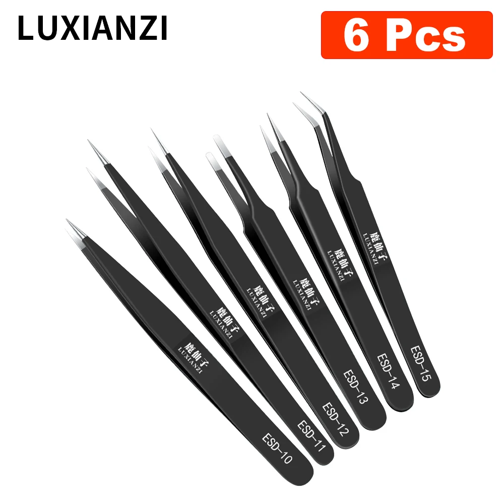 LUXIANZI 6 قطعة مكافحة ساكنة الملقط ESD مجموعة الدقة ملاقط المهنية صيانة إصلاح أداة اليد أدوات Pincet Pinzas