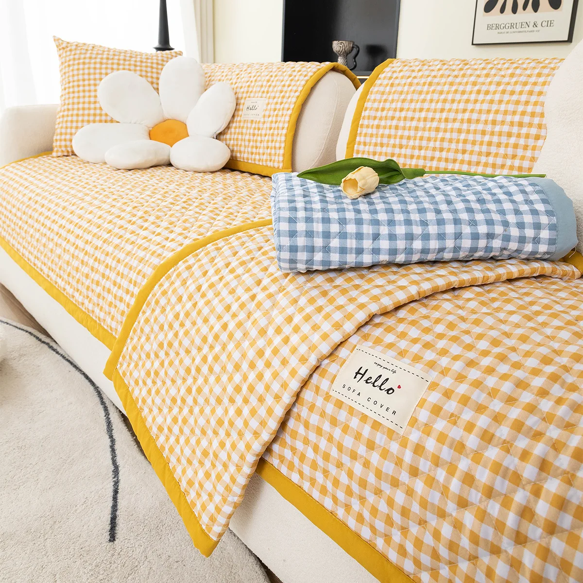

Washable Cotton Printed Grid Sofa Cover Non Slip Seat Pad Living Room Area Floor Mat Window Tatami Cushion Furniture Protector