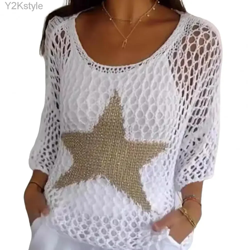 Elegant Women Blouse Crochet Top Star Pattern Mesh 3/4 Sleeves Hollow Out Fishnet Knit Blouse Swimsuit Cover-Up