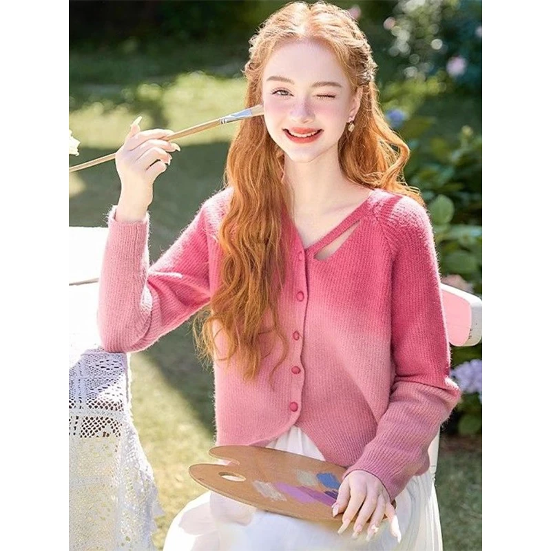 Women Autumn Fashion Loose Gradient Color V-neck Long Sleeve Knitwear Women Clothes Casual All-match Preppy Style Knitting Tops