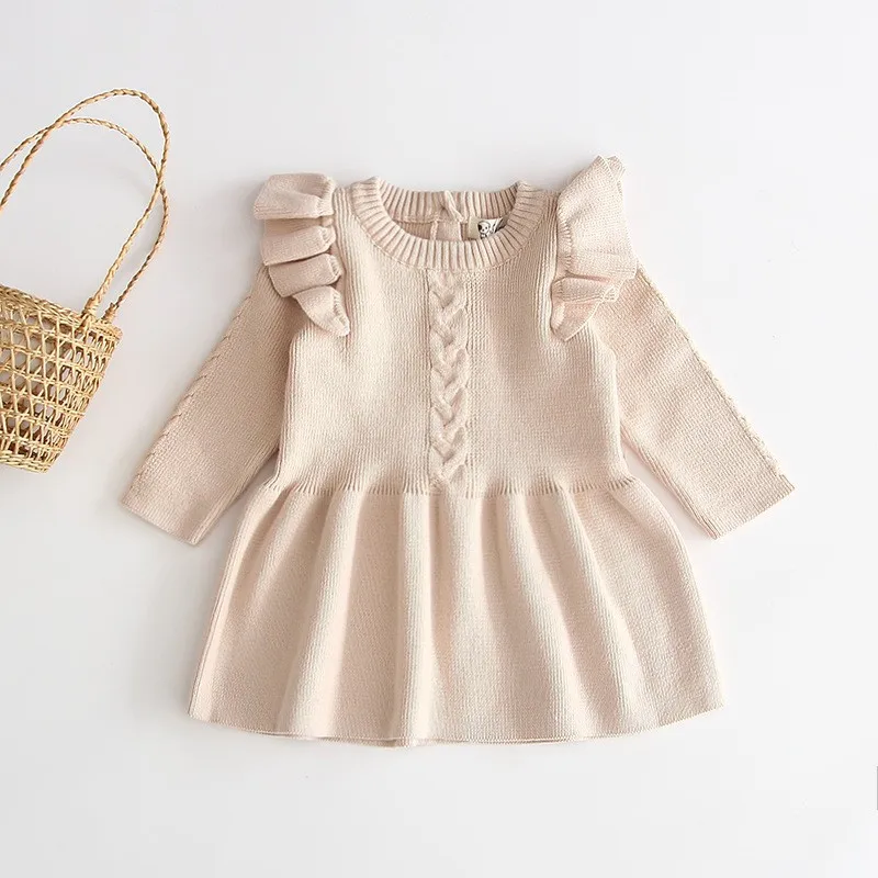 Autumn and Spring Girls' Knitted Dress Baby Flying Sleeve Sweater Fashion and Comfortable Princess Kids Solid Color Dress