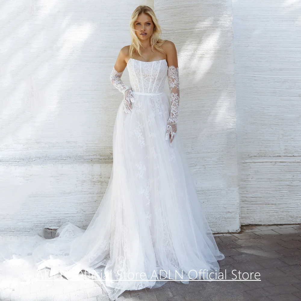 

New Lace Wedding Dress for Bride Customized Scoop Neck Sweep Train A Line Woman Corset Bridal Gown Robe De Mariage No Gloves