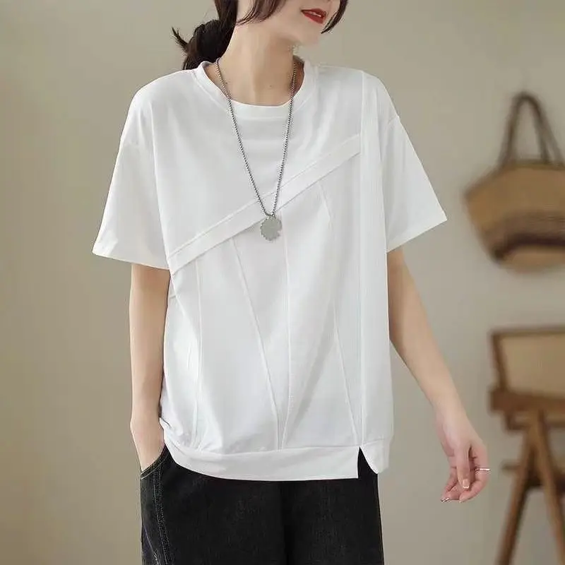 

Women's Plus Size Cotton Short Sleeve T-shirt 2025 Summer New Irregular Splicing Solid Color O-neck Loose Casual White 2026 Top