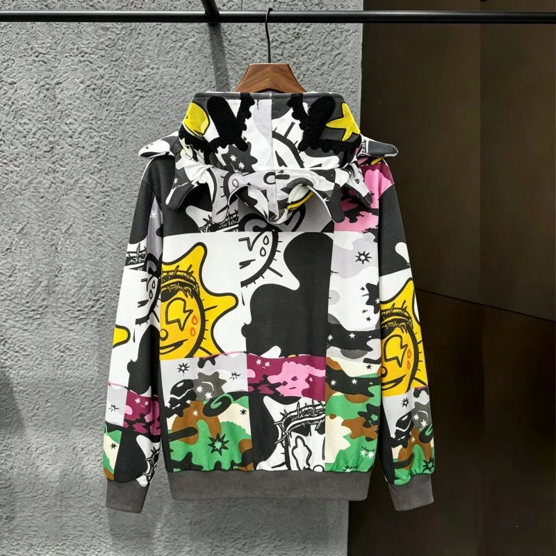 Winter 2XL Men Women Streetwear Glo Gang Jackets Towel Embroidered Hooded Mask Colorful Patchwork Graffiti Sun Zippered Hoodie
