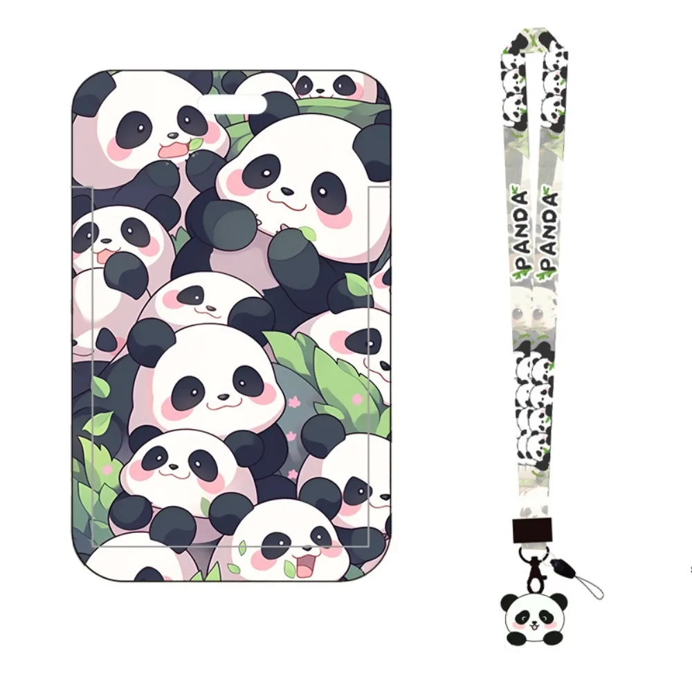 

Portable Panda Printing Plastic Card Holder with Long Lanyard Anti Loss Hard Card Sleeve Slide Card Case
