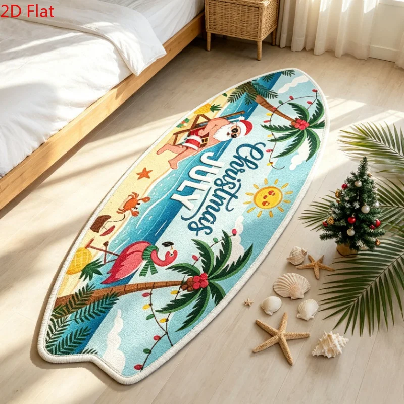VIKAMA Surfboard Shaped Christmas Area Rug Tropical Beach Santa Flamingo Print Non‑Slip Floor Mat for Holiday Home Decor