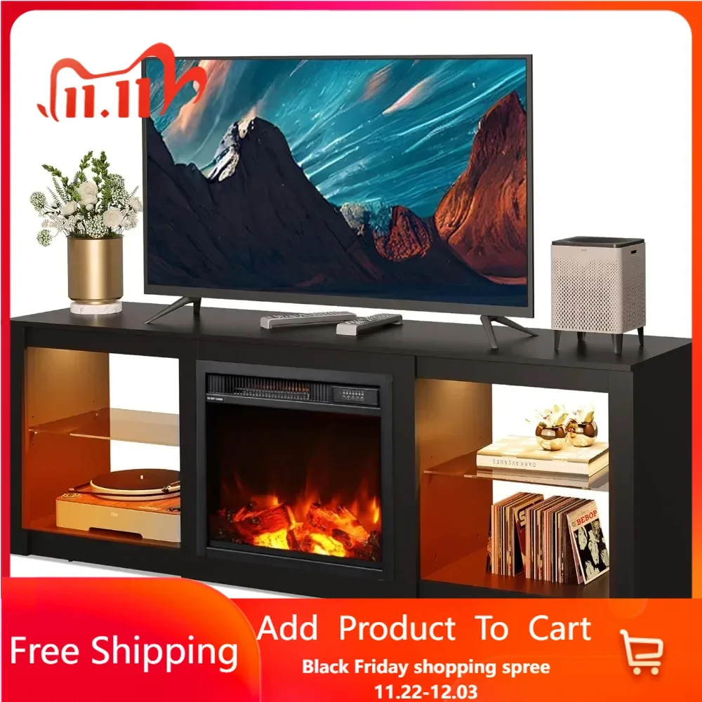 Fireplace TV Console with LED Lights, Modern TV Stand for Living Room, Entertainment Console with Glass