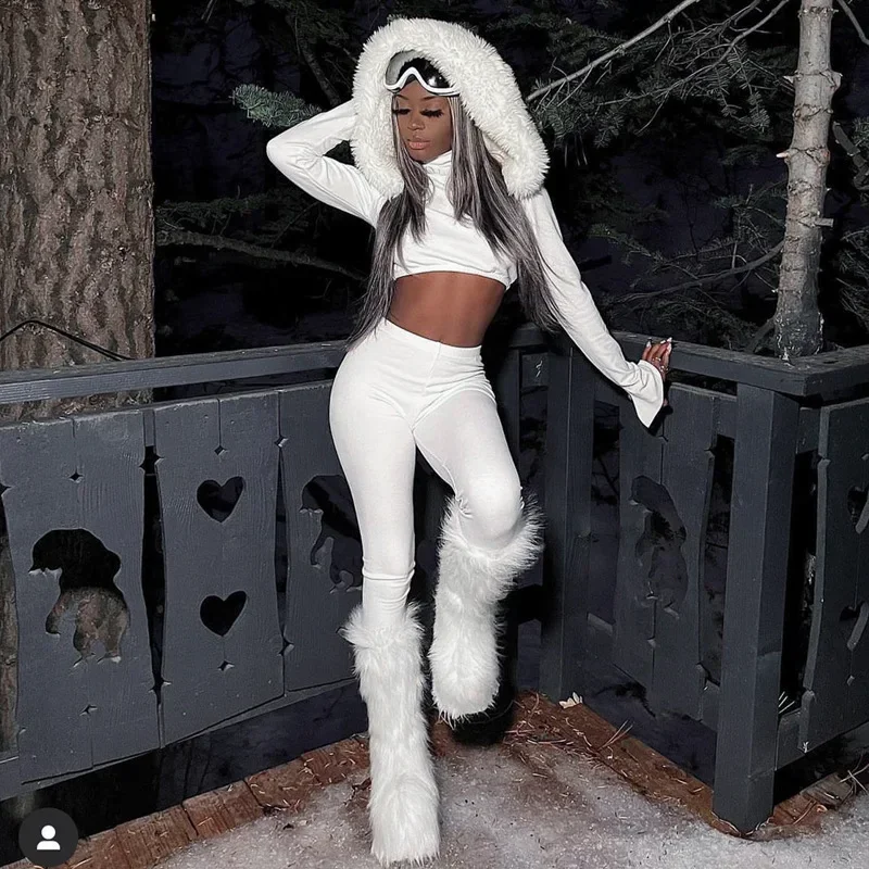 

Fall Two Pieces Set 2 Piece Solid Tracksuit, Women Crop Top Pullover with Fur Collar Hooded And Legging Pant Tight workout sport
