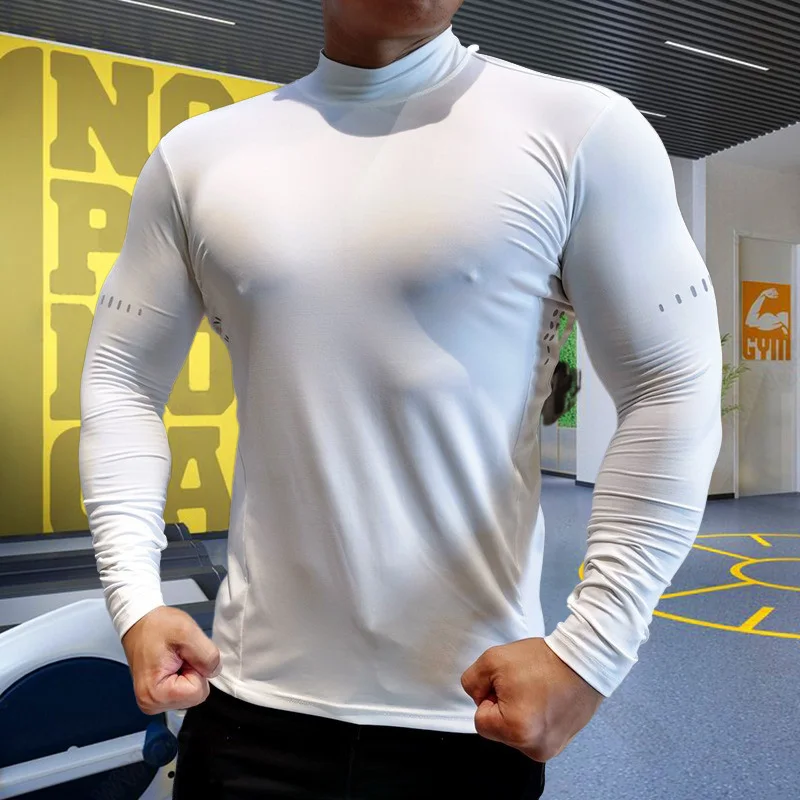 Men Compression Sport Tops High Collars Elasticity Breathable T-Shirt Gym Running Sweatshirt Fitness Tight Clothing