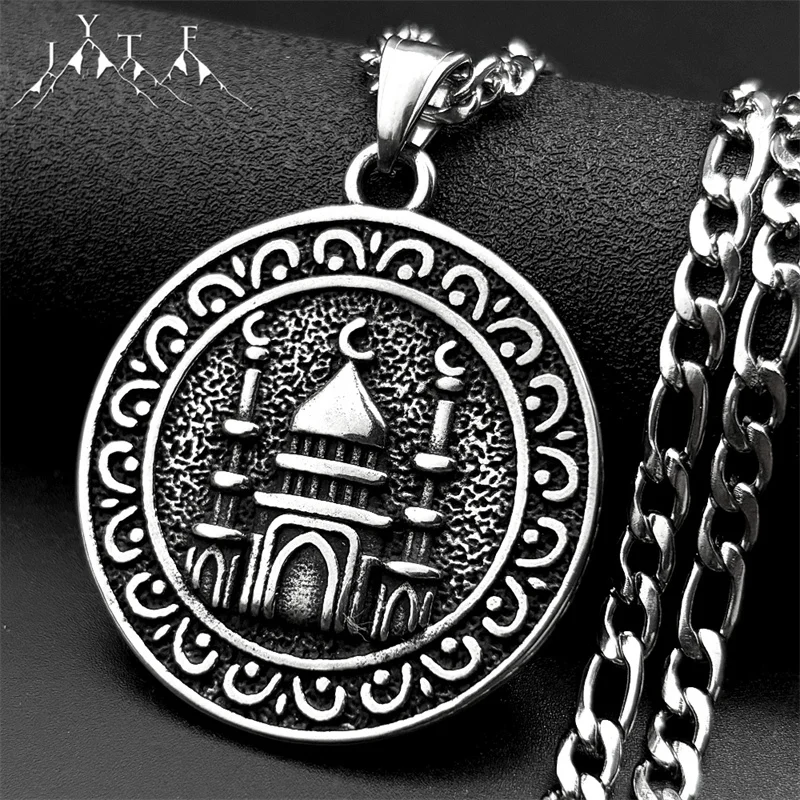 

316L Muslim Mosque Arabic Round Pendant Necklace for Men Stainless Steel Silver Color Spiritual Islamic Amulet Chain Jewelry