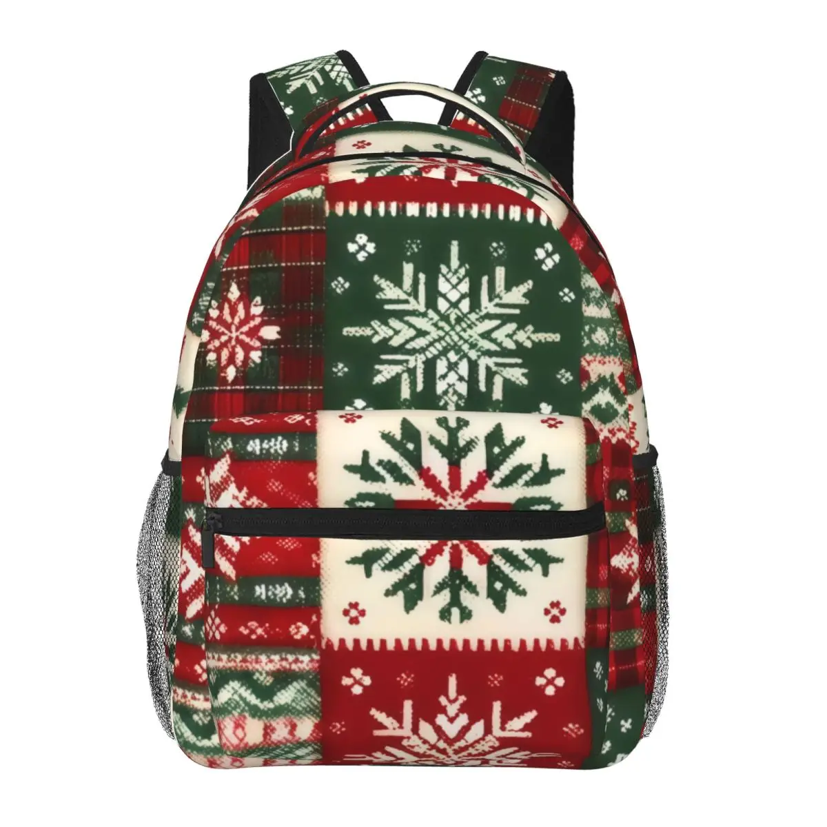 Winter Holiday Print Backpack Grid Fair Isle Snowflakes Reindeer Tiles Knit Fair Isle Christmas Red Gr Holiday Bookbag for Girls