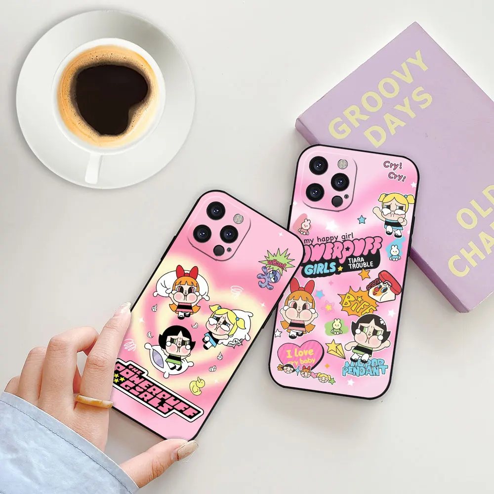 Cartoon The P-Powerpuff Girls Phone Case For Apple iPhone 15 14 13 12 11 16 Max Mini 7 8 Plus X XR SE Black Soft Silicone Cover