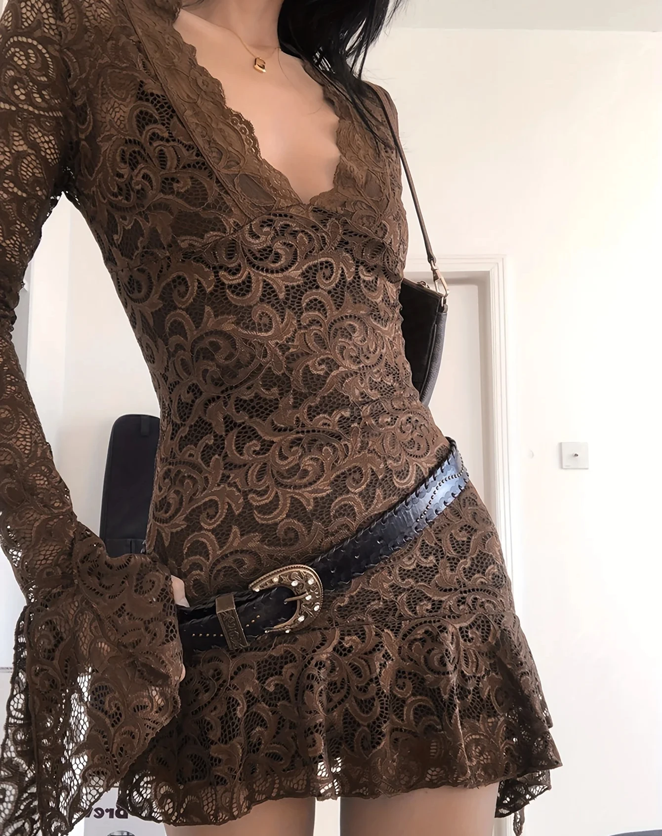 Summer  Women's Dresses Sexy Sheer Mesh Lace Bodycon Dress Flared Long Sleeve V-Neck Mini Dress