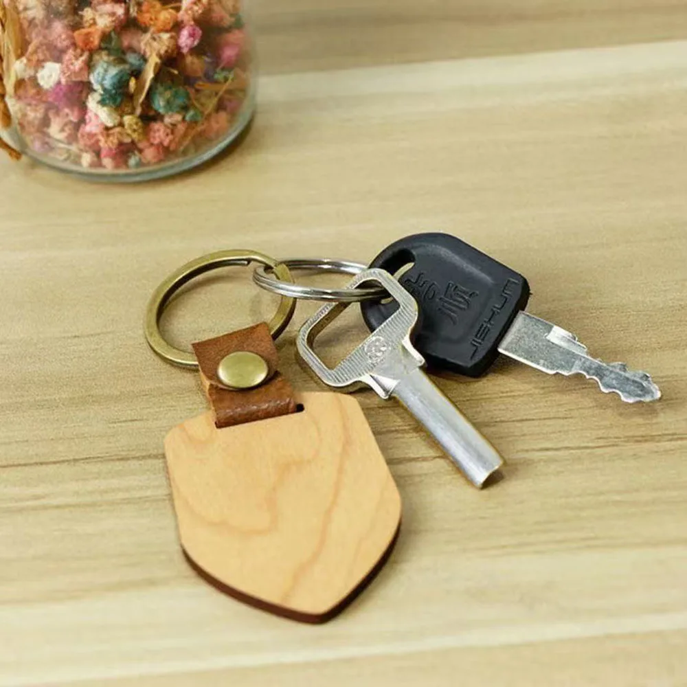 Blanko Kreativer Leder-Holz-Schlüsselanhänger Rund Rechteckig DIY-Zubehör Modische Taschenanhänger Charms Autoschlüsselring Souvenir-Geschenke – Detail 3