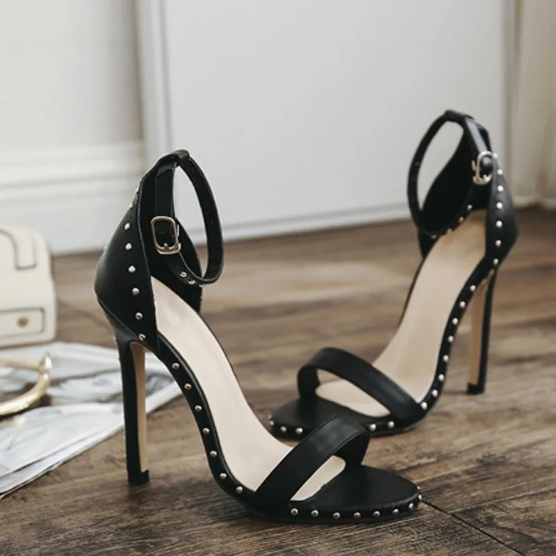 

Women Sandals High Heels 12cm Summer Black PU Leather Rivet Peep Toe Sexy Party Shoes Sandalia Feminina Zapatos Mujer WSH5486