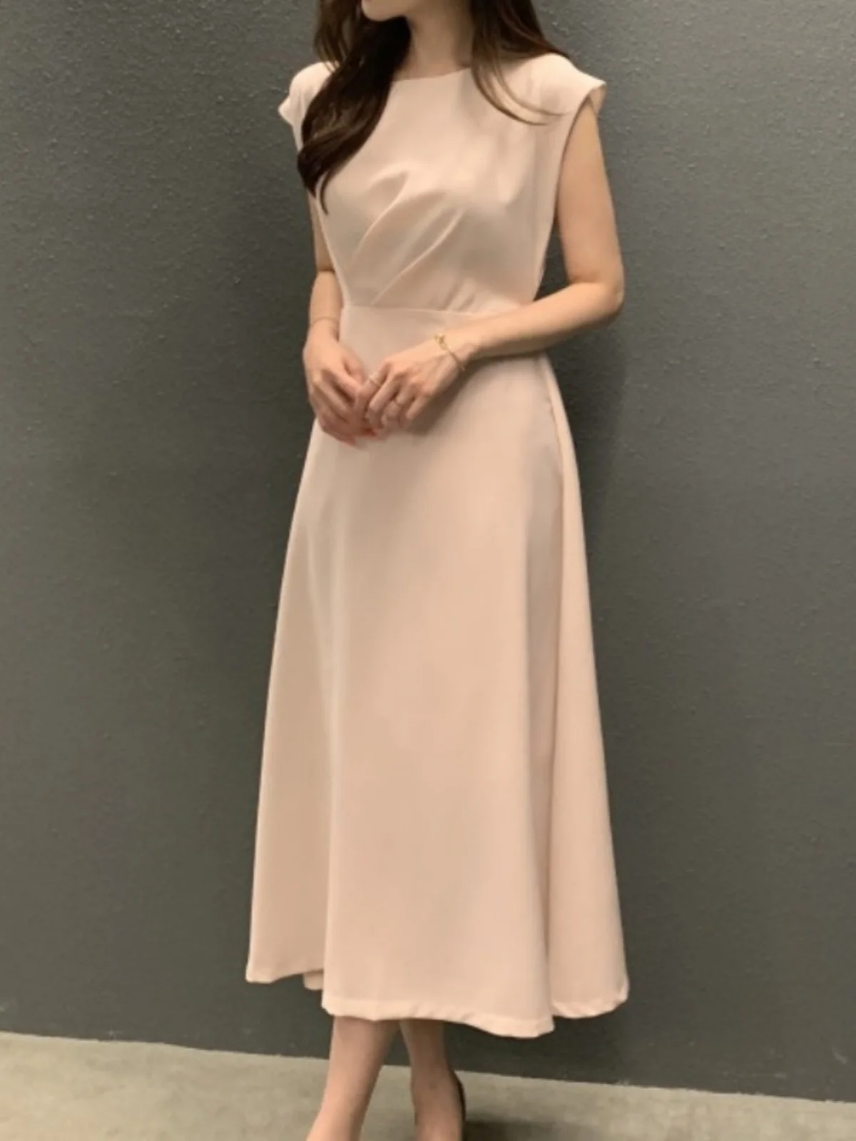 

Ele Summer Svel A-Line Vest Dr Chic Pleated Waist Slimming round Ne Long Dr Commute Sle Pure Color Chines...