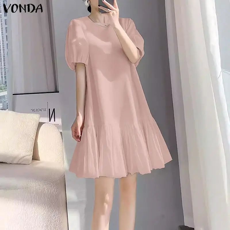

Женское летнее платье VONDA, модное плиссированное мини-платье, однотонный сарафан с короткими рукавами-фонариками, с круглым вырезом, для вечеринок