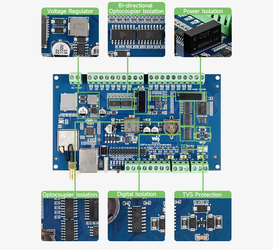 Industrial ESP32-S3 Control Board With 8-Channel Digital Input & Output, Built-in Xtensa 32-bit LX7 Dual-core Processor