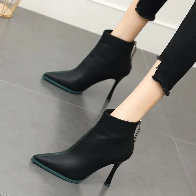 Autumn and Winter New Pointed Back Zipper Color Matching Fashion Stiletto Heels 2024 All-match Female Boots Short Leather Shoes