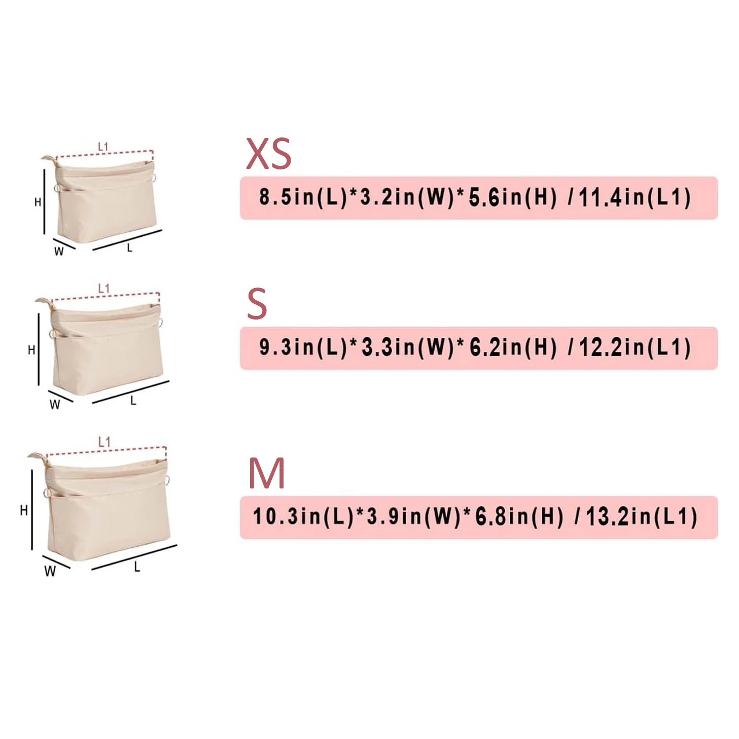 Insert organisateur de sac à main en nylon de qualité supérieure - 13 - Doublure de sac à main fourre-tout de poche avec fermeture éclair, 4 tailles disponibles