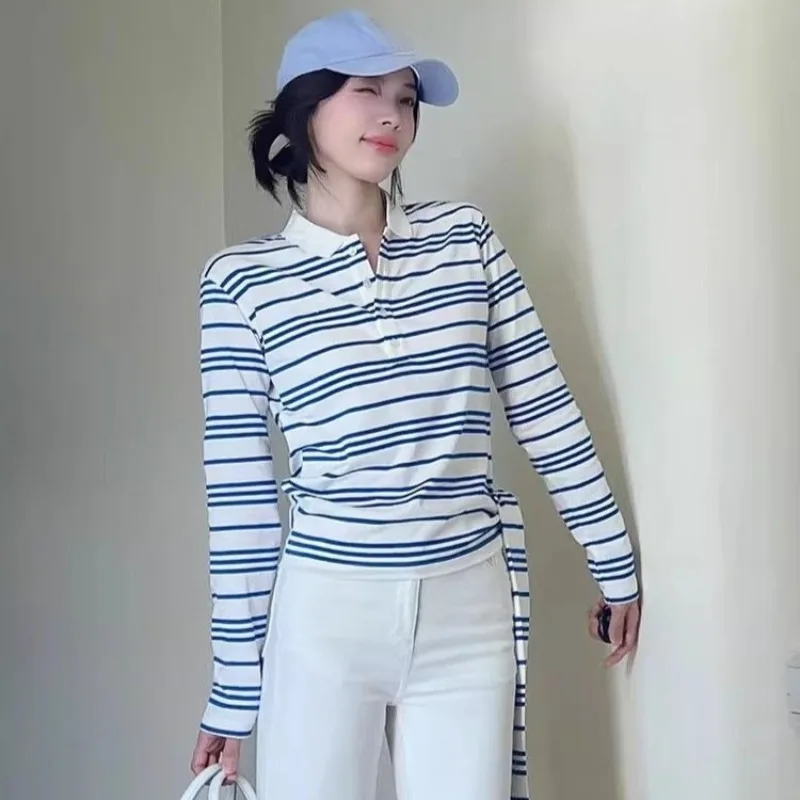 Vintage Women Striped Top Korean Women's Long Sleeve Neck Striped T-shirt Spring/fall Comfortable Fashion Pullovers 여성 반팔 니트