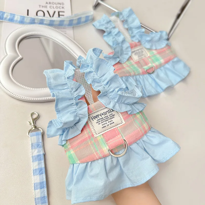 Pet Plaid Leash Vest Style Small Dog Pet Teddy Walking Dogs Dress Chest Strap Dog Harness and Leash Set