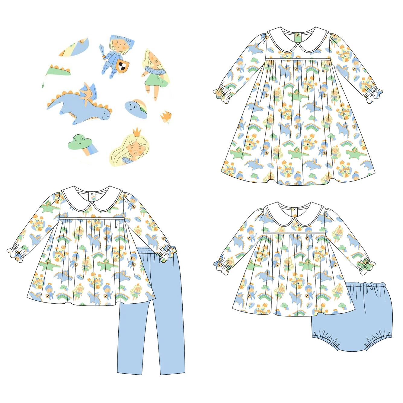 

Baby girl clothes toddler girl outfits cartoon dinosaur pattern long sleeve set knee length dress wholesale cute baby clothes