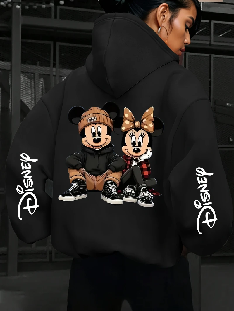 Pulôver com capuz Potdemiel Mickey e Minnie Mouse com design de desenho animado, mangas compridas e capuz com cordão, perfeito para uso casual