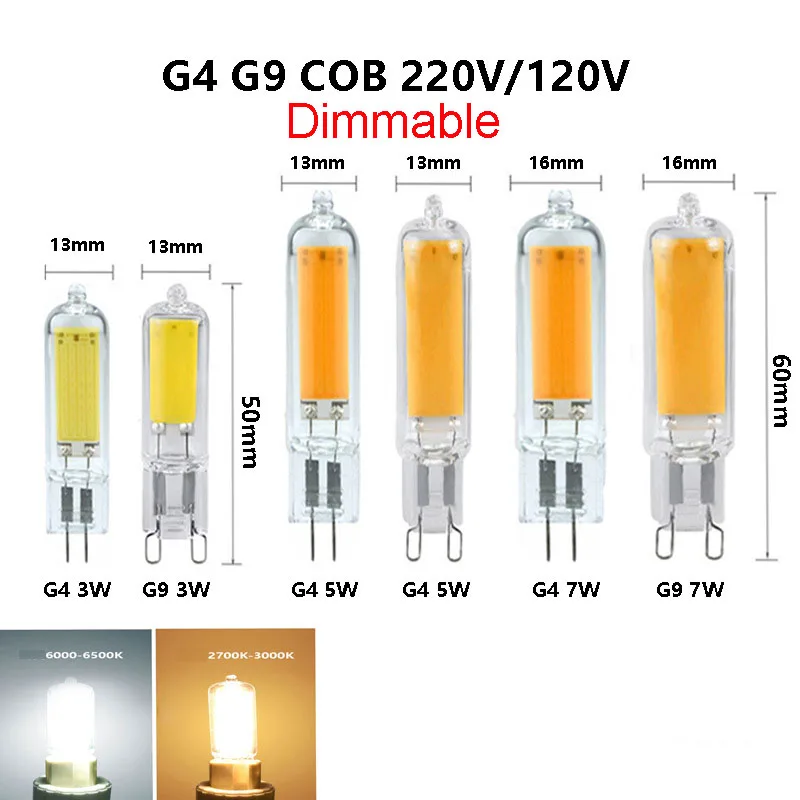 

5pcs 220v 110v Dimmable G4 G9 COB Mini LED Bulb 5W 7W LED Lamp 3000k 4000k 6000k 6500k Chandelier Light Replace 50w 70w Halogen