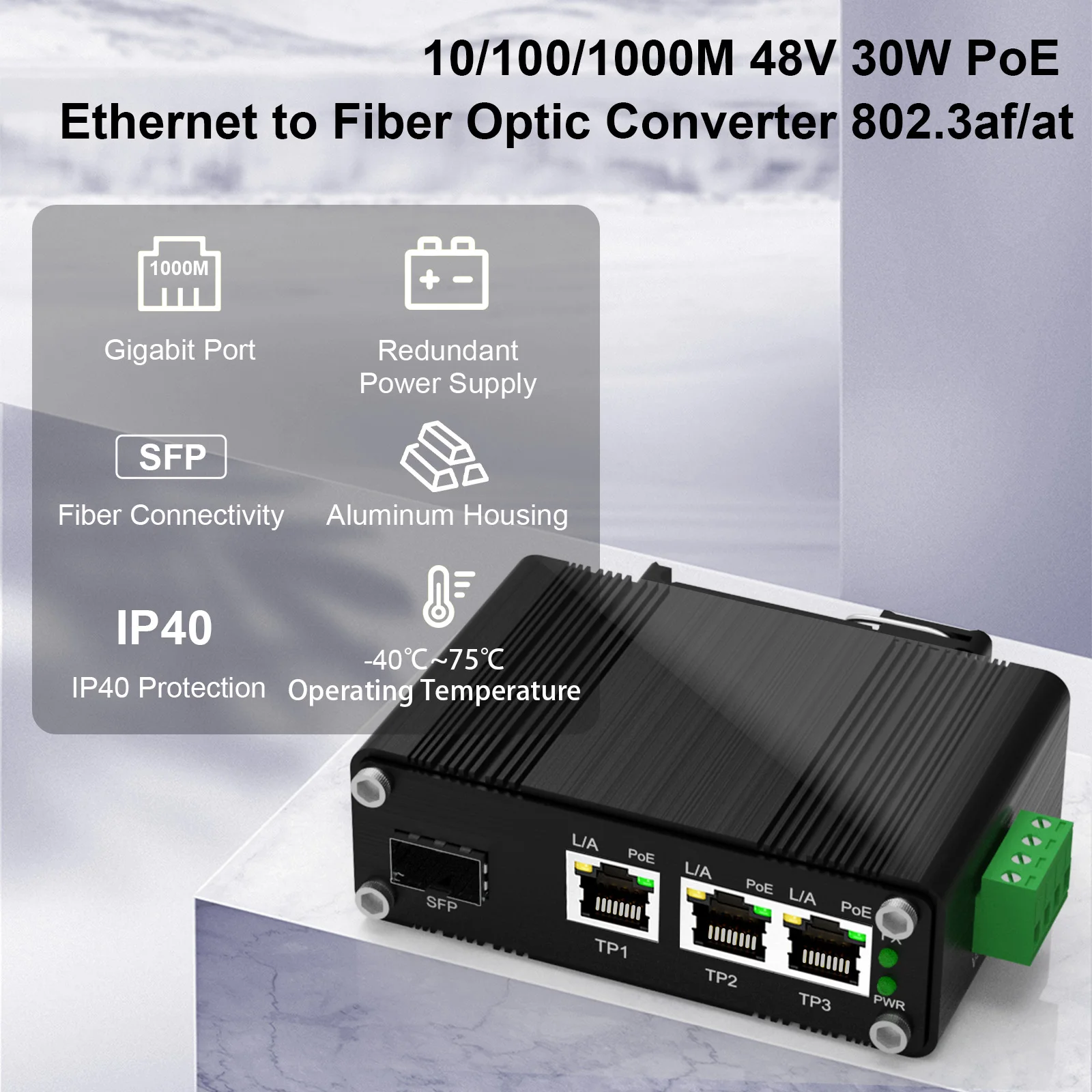 Mini Industrial 3-Port 10/100/1000T 802.3at PoE + 1-Port 100/1000X SFP Ethernet Switch with 12~48VDC Input and Voltage Booster