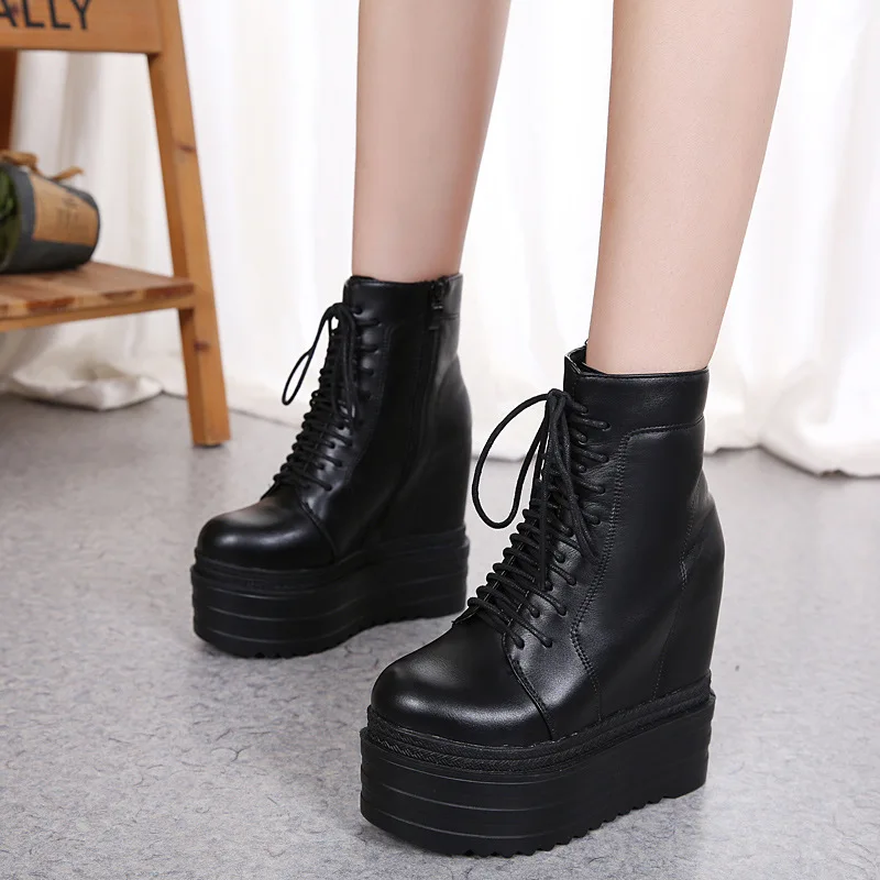 14cm Ultra High Heel Short Boots Inner Height Increase Thick Sole Women Autumn Winter Shoes Black Lace Up Wedges Botas Mujer