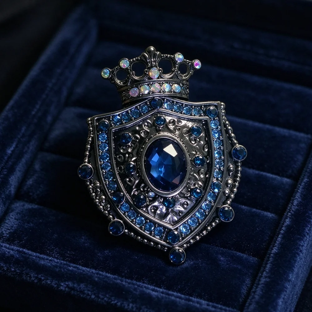 Vintage Crown Shield Brooch Blue Crystal Rhinestone Inlaid Antique Silver Alloy Pin Baroque Style Suit Coat Brooch Jewelry