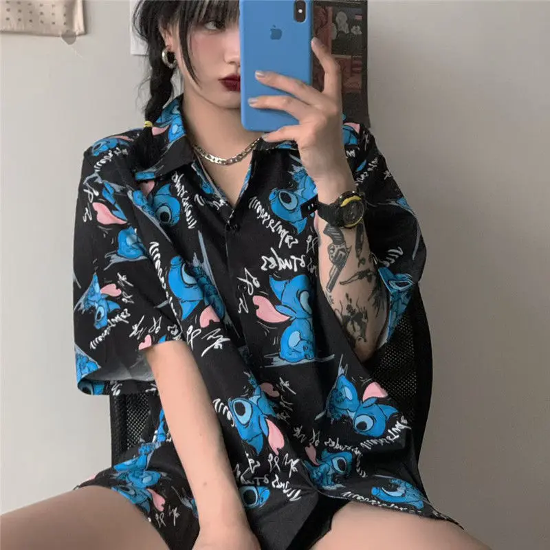 Kawaii Disney Stitch Shirt Women\'s New Summer Loose Versatile Shirt Street Hip-Hop Polo Collar Cartoon Short-Sleeved Shirt