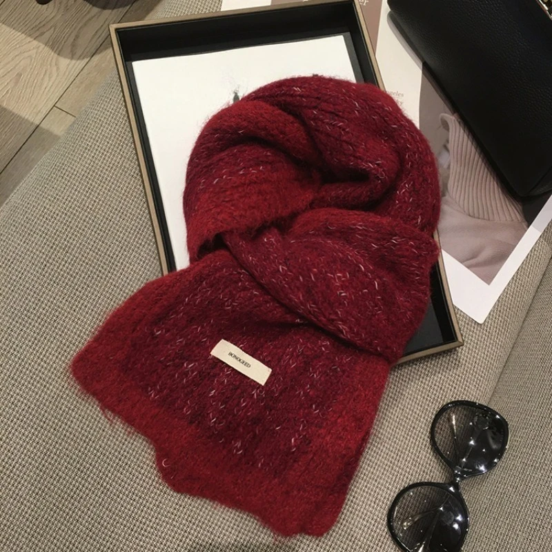 Elegant Color Block Knitted Scarf For Women Autumn Winter Thickened Warm Neck Wrap Classic High-grade Versatile Daily Neckwear