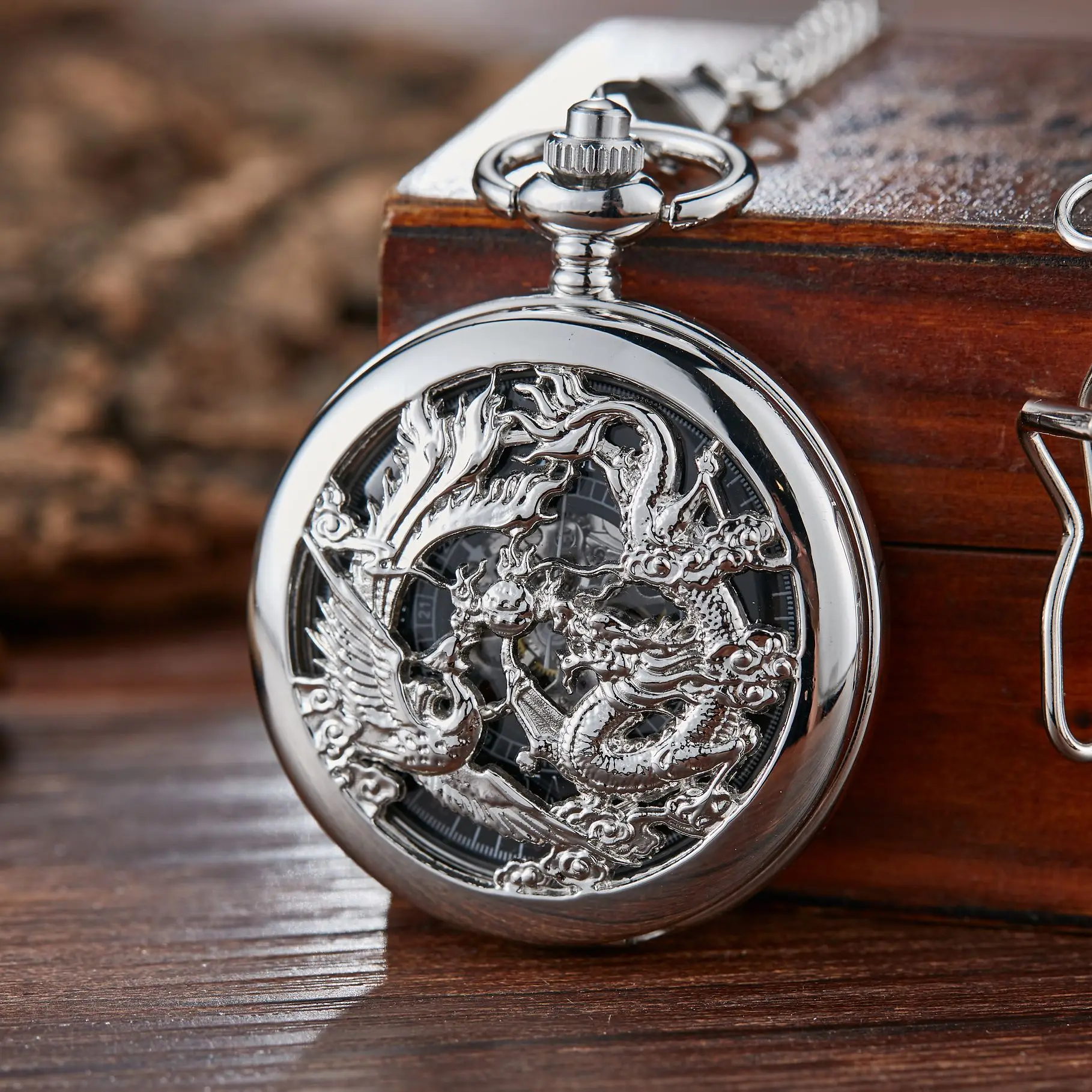 Chinoiserie Double Cranes Playing With Pearls Pattern Hollowed Out Relief Dragon Type Manual Mechanical Large Pocket Watch Clock