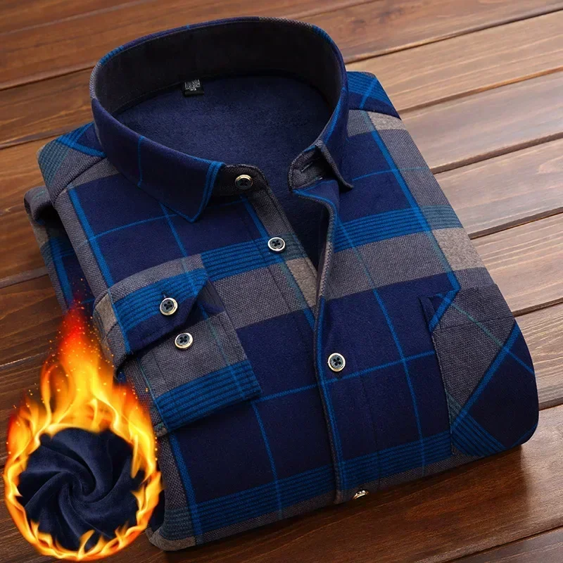 New  Men's Warm Shirts Thicked Long Sleeve Printed Single-breasted Casual Business Shirts Man Tops Fleece Warm Shirt for Men