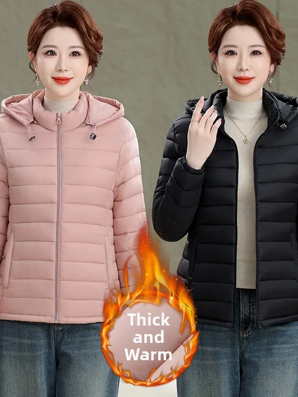 

Женская легкая теплая хлопковая куртка с капюшоном для осени и зимы, повседневная верхняя одежда для женщин среднего возраста