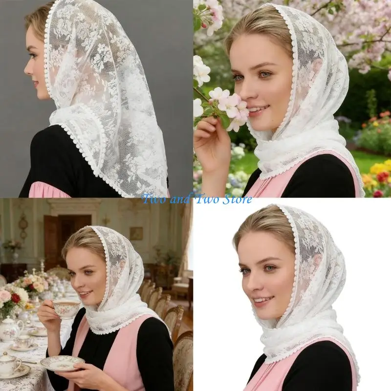 HX6F Modest Embroidered Headwrap Wedding Chapel Accessory Breathable Fabric