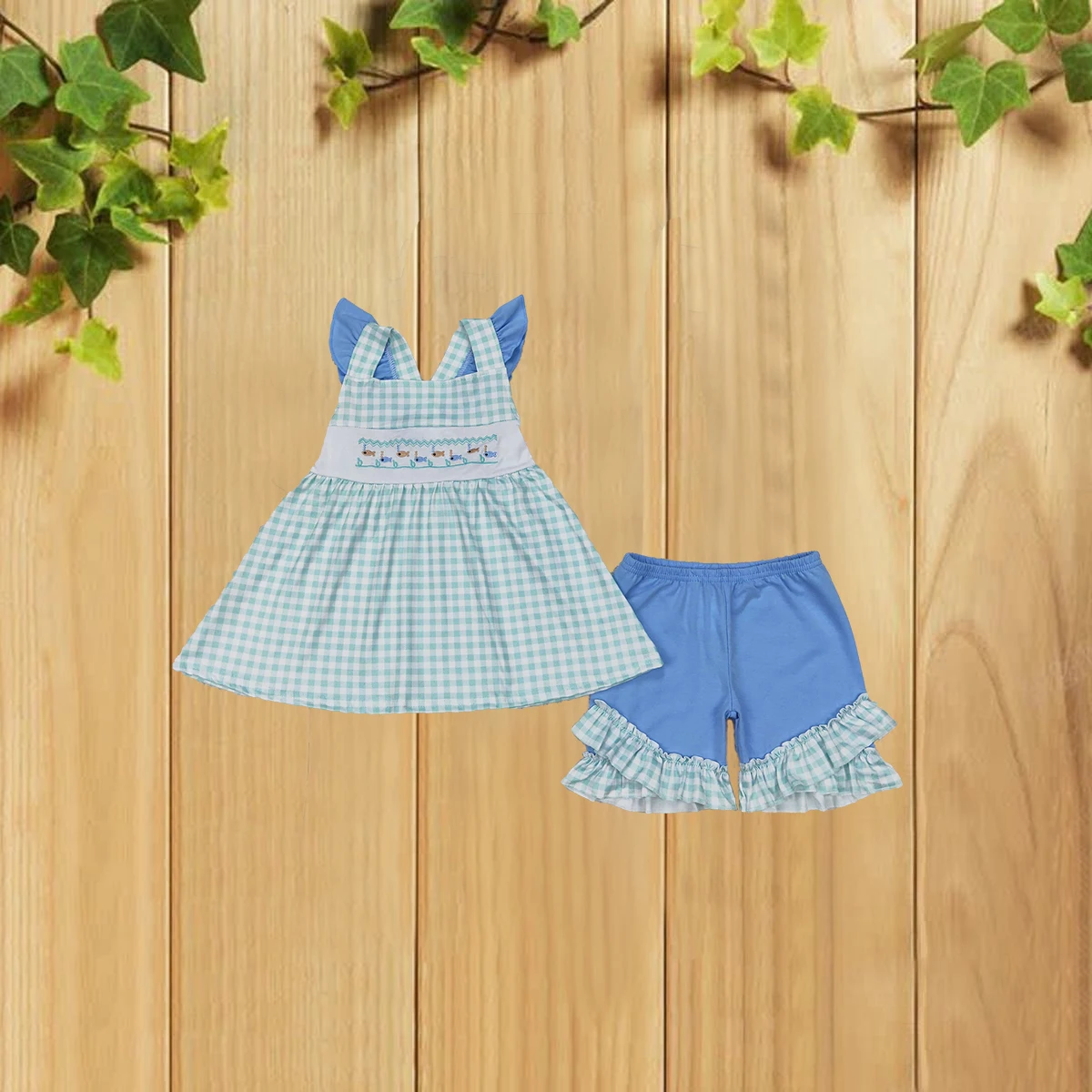 

9.3 Girls Summer Outfit with Embroidered Fish Green Plaid Fly Sleeve Blue Shorts - Clothing Set for Little Girls