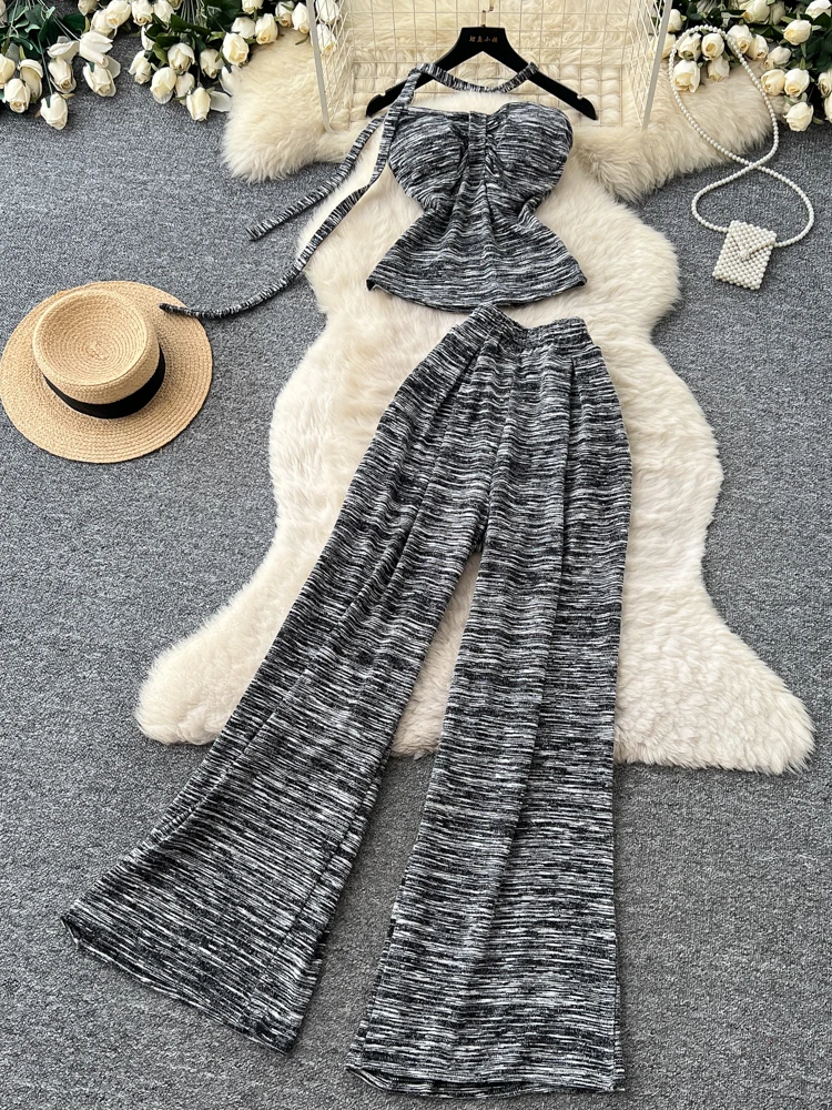 

Elegant Vest High Waist Wide Leg Pants Two Piece Set Women Summer Neck Hanging Sleeveless Draping Slimming Ensemble