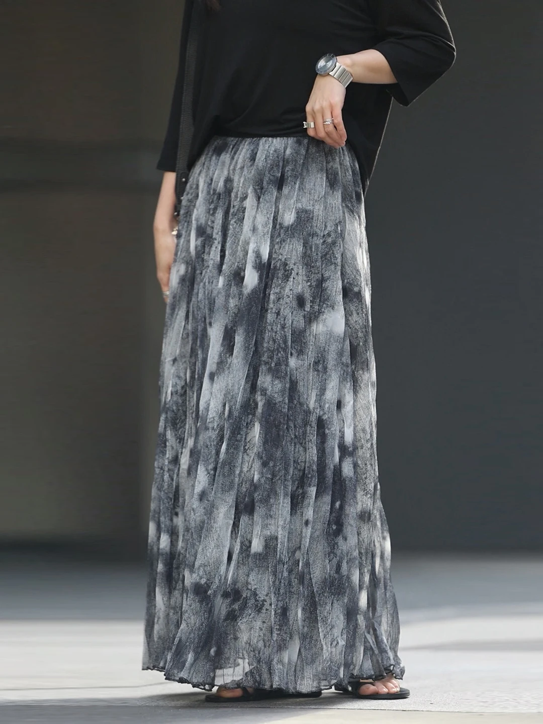 

Серая винтажная плиссированная юбка миди до щиколотки с высокой талией, А-силуэт, из полиэстера, неэластичная, с эластичным поясом