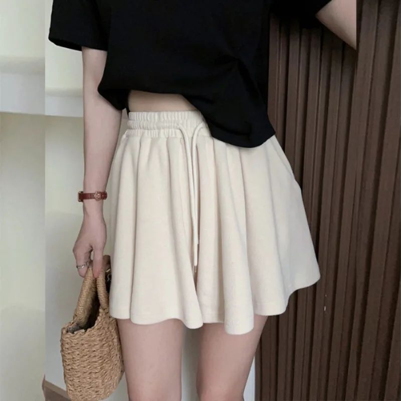 

Woman High Waist Folds Loose Shorts Grey Drawstring Casual Wide Leg Shorts Daily Solid Beach Holiday Sports A-line Skirt Pants