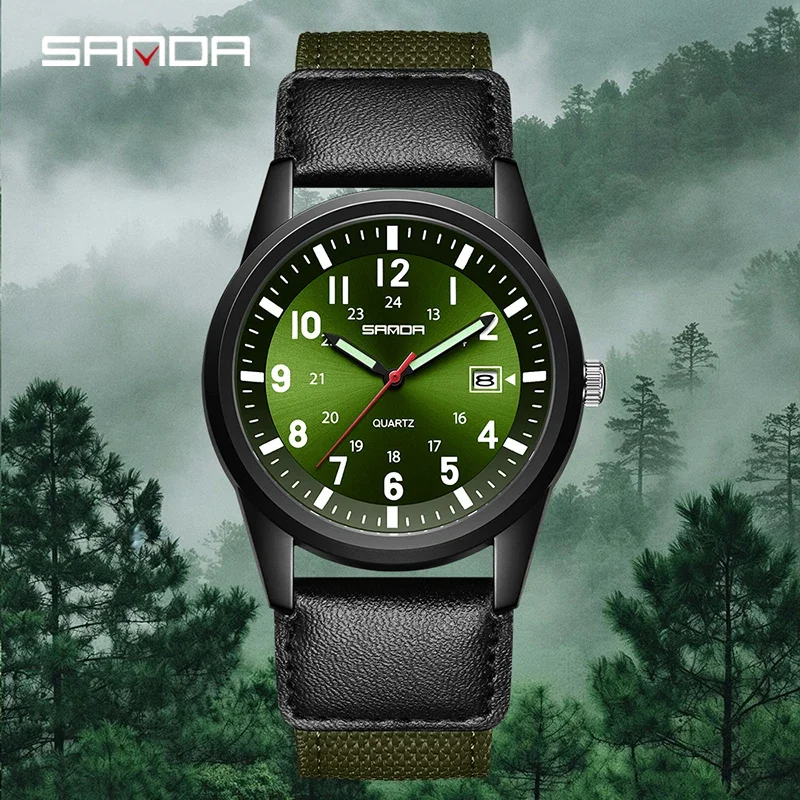 SANDA Neue Trendige Quarzuhren für Herren mit Nylonarmband, Modischer Outdoor-Sport-Stil, Wasserdicht, Kalender, Digitale Herren-Armbanduhr